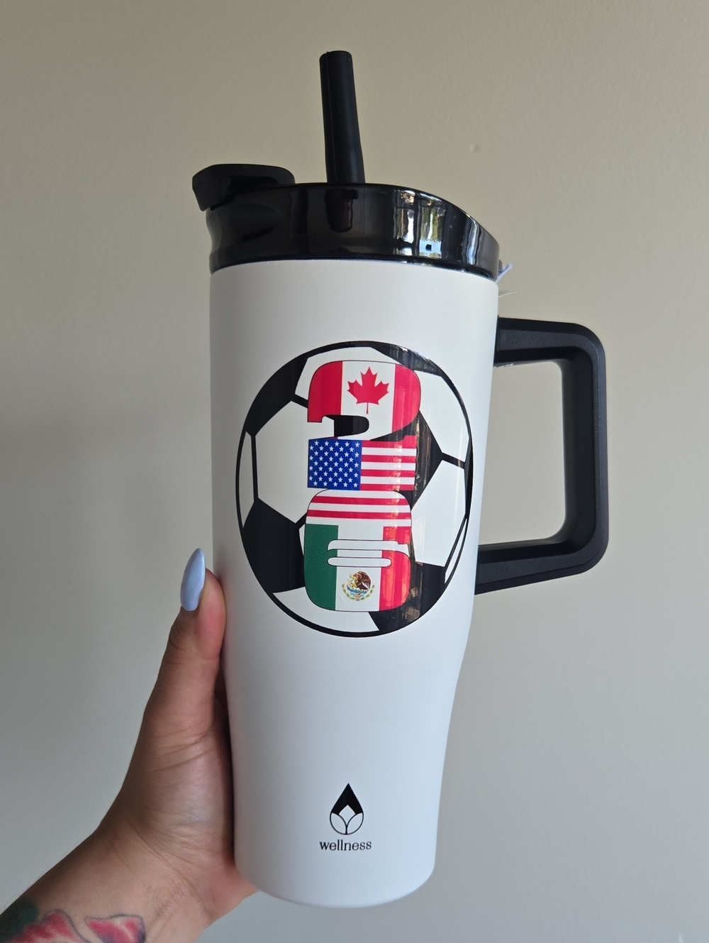 White Soccer Travel Tumbler with Flag Graphic By Wellness